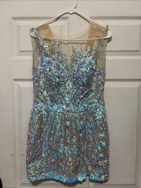 MoriLee Embellished Iridescent Blue Sequin Sheath Dress